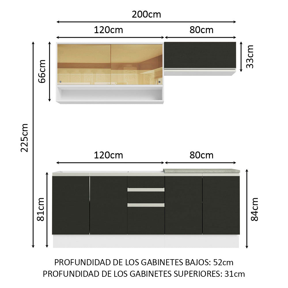 Cocina Compacta 200 cm 7 Puertas 3 Cajones Sin Mesada Blanco/Negro Glamy Madesa
