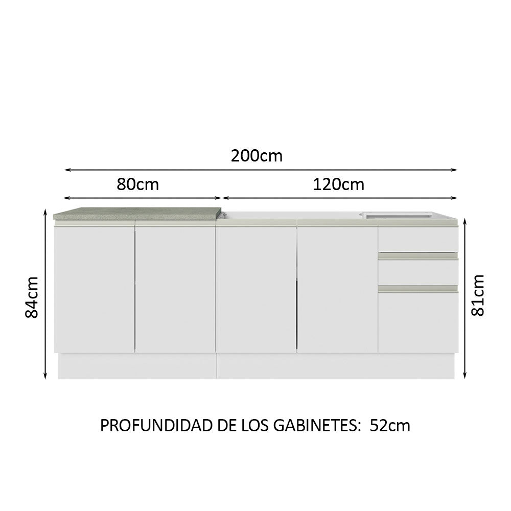 Cocina Compacta 200 cm 4 Puertas 3 Cajones Sin Mesada Blanco Glamy Madesa