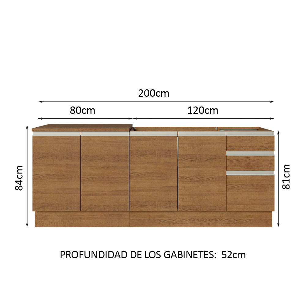 Cocina Compacta 200 cm 4 Puertas 3 Cajones Sin Mesada Marrón Glamy Madesa