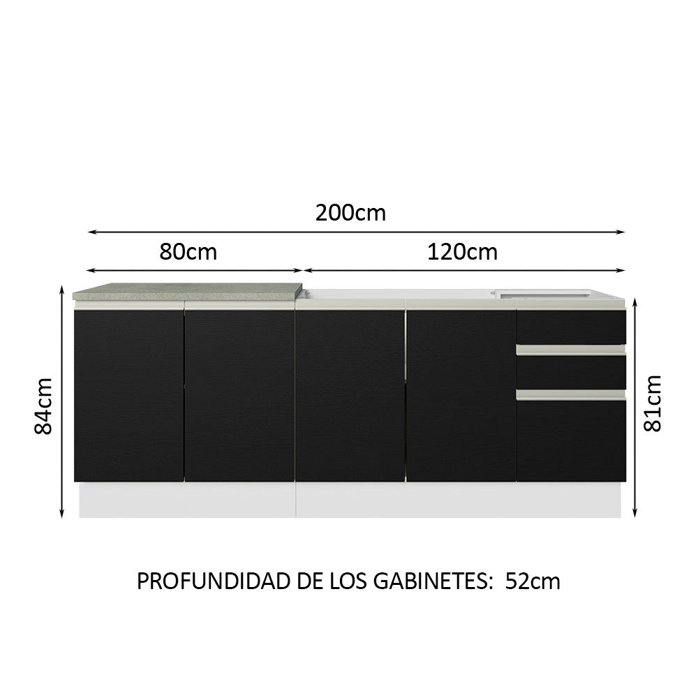 Cocina Compacta 200 cm 4 Puertas 3 Cajones Sin Mesada Blanco/Negro Glamy Madesa