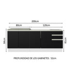 Cocina Compacta 200 cm 4 Puertas 3 Cajones Sin Mesada Blanco/Negro Glamy Madesa