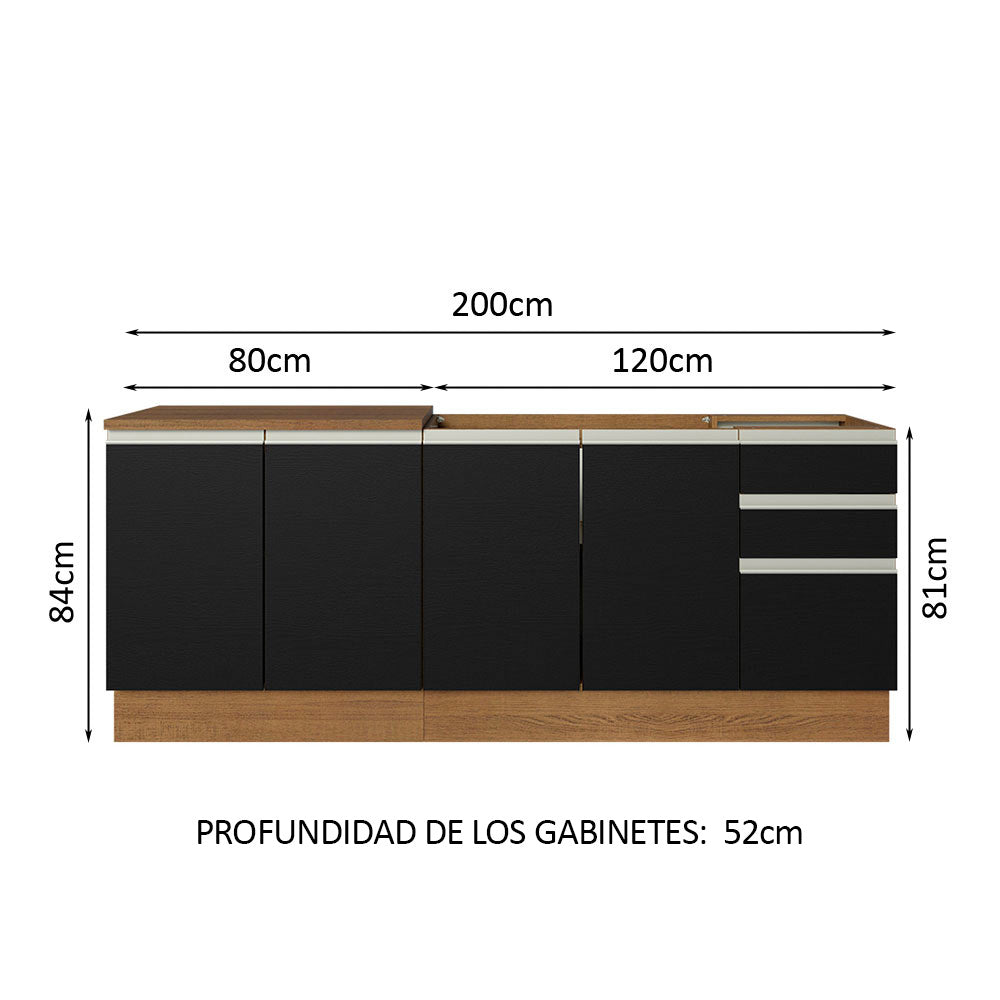 Kit con 2 Bajo Mesada de Cocina Madesa Glamy 200cm Con Bacha de acero inoxidable MN
