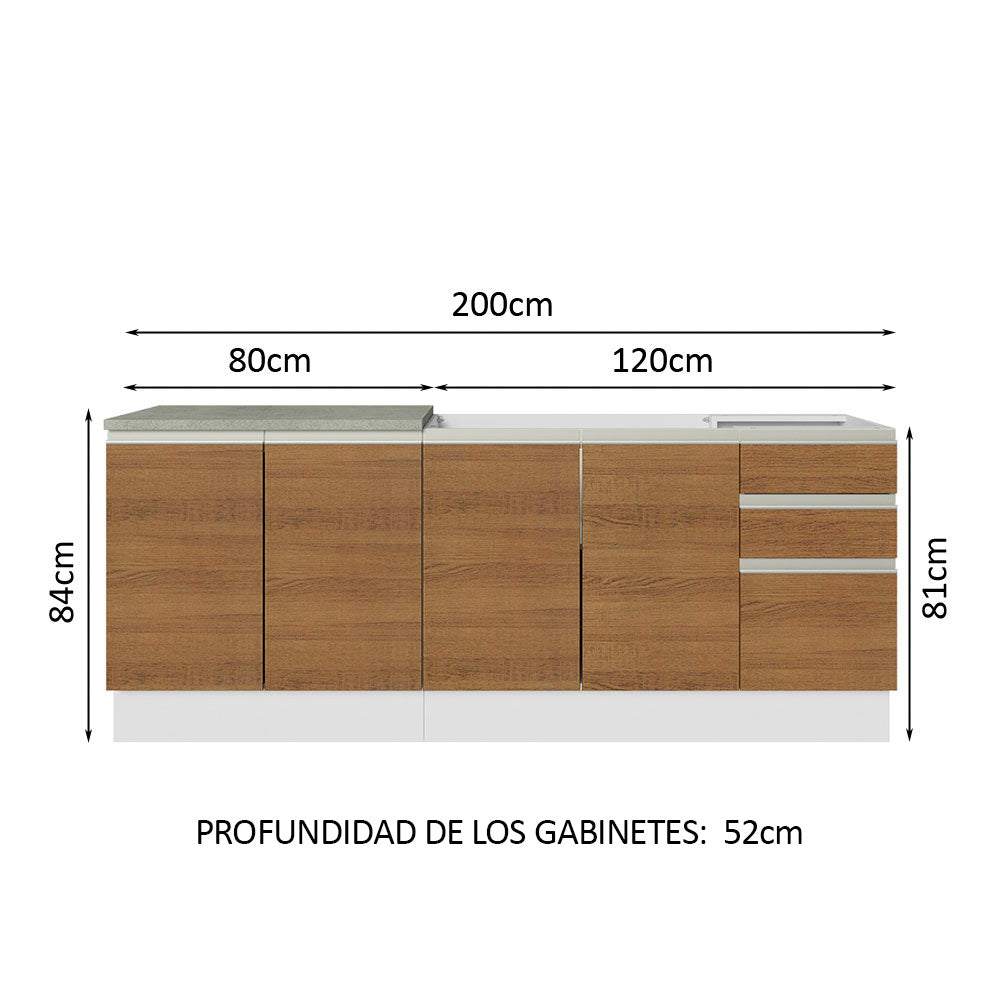 Cocina Compacta 200 cm 4 Puertas 3 Cajones Sin Mesada Blanco/Marrón Glamy Madesa