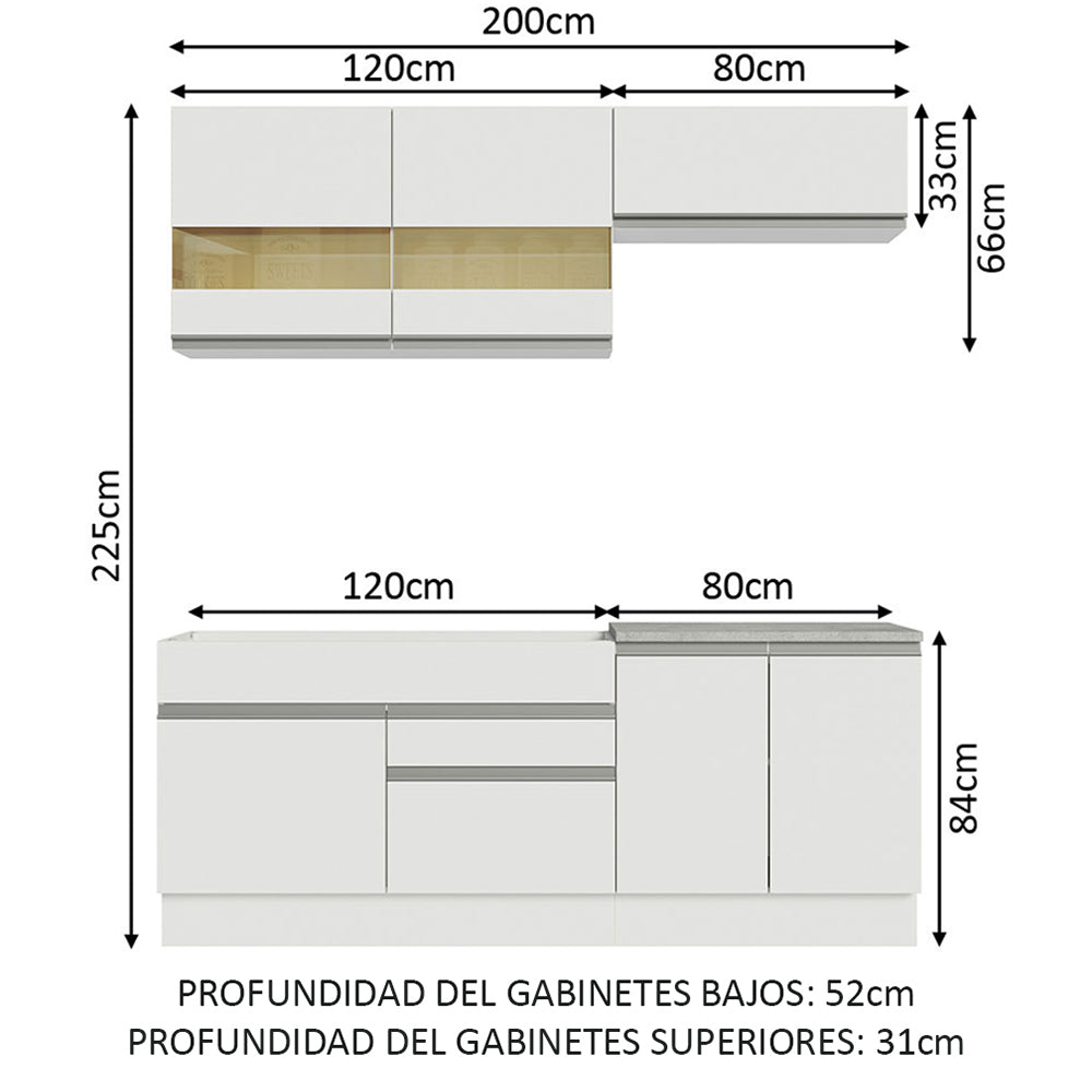 Combo de Cocina 200cm Glamy Madesa 07 - Blanco