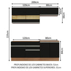 Cocina Compacta 200 cm 6 Puertas 2 Cajones Sin Mesada Marrón/Negro Glamy Madesa