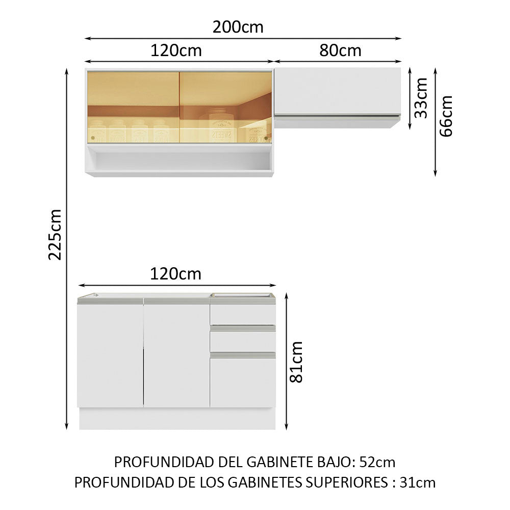 Combo de Cocina 200cm Glamy Madesa 08 - Blanco