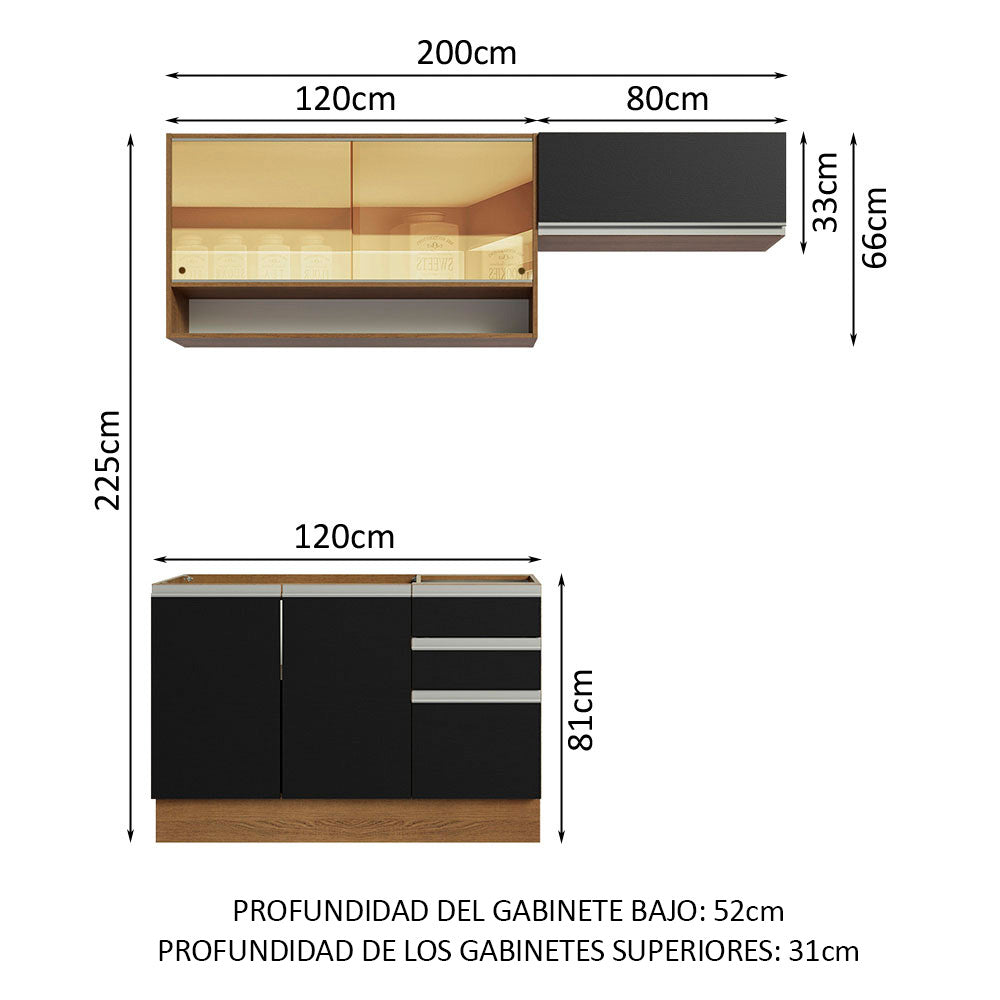 Cocina Compacta 200 cm 5 Puertas 3 Cajones Sin Mesada Marrón/Negro Glamy Madesa