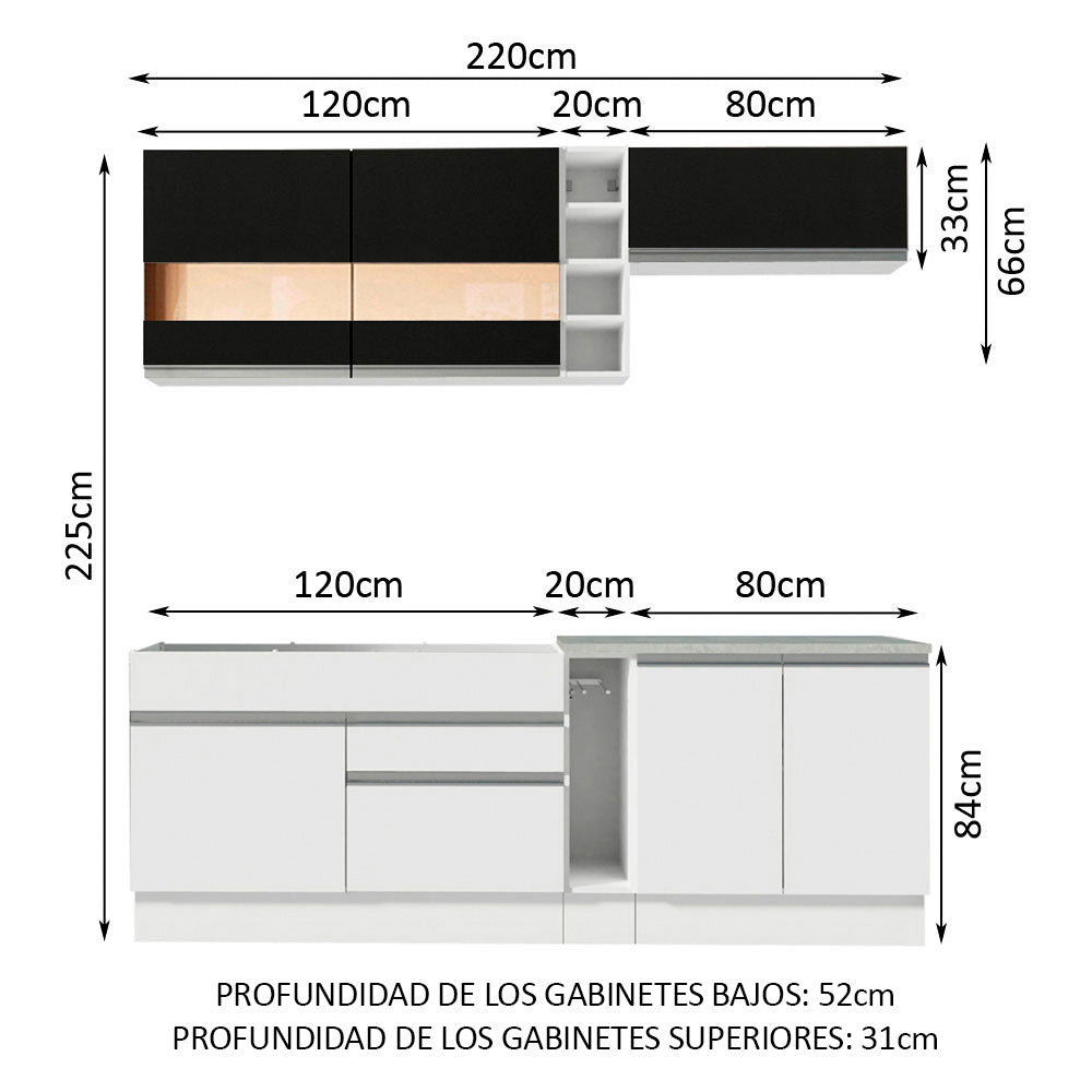 Combo completo de Cocina Compacta Madesa Glamy 220cm Blanco/Blanco/Negro 02
