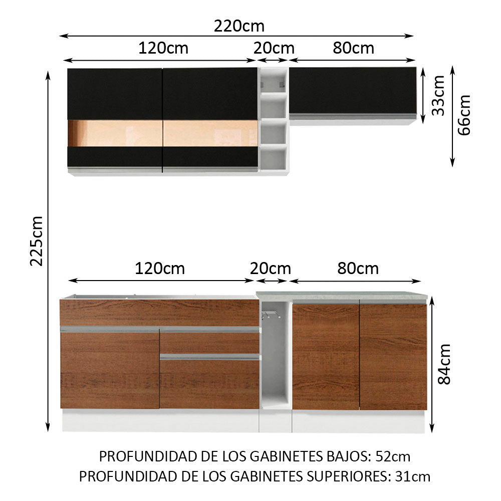 Combo completo de Cocina Compacta Madesa Glamy 220cm Blanco/Marrón/Negro 02