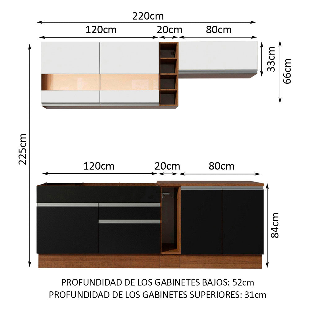 Combo completo de Cocina Madesa Glamy 220cm Marrón/Negro/Blanco 02