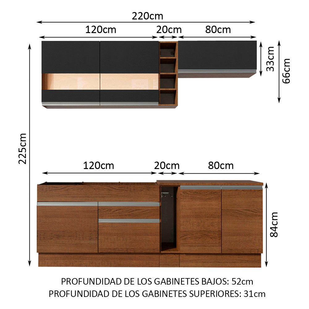 Combo completo de Cocina Madesa Glamy 220cm Marrón/Marrón/Negro 02