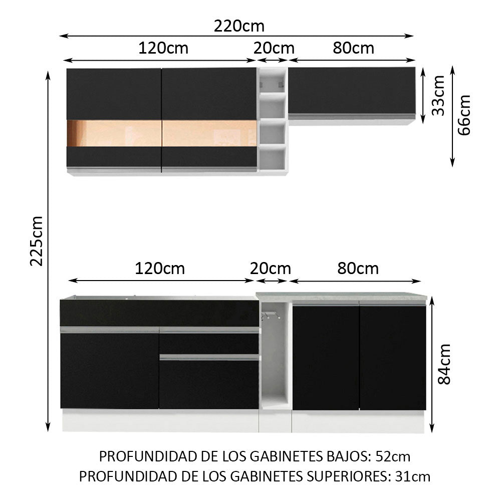 Combo completo de Cocina Compacta Madesa Glamy 220cm Blanco/Negro 02