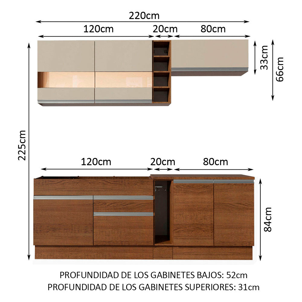 Combo completo de Cocina Madesa Glamy 220cm Marrón/Marrón/Crema 02