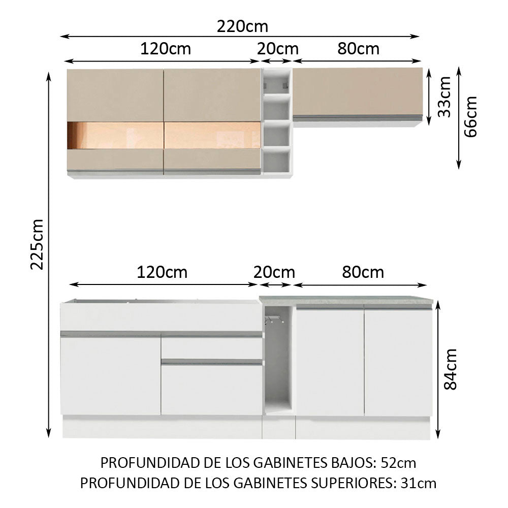 Combo completo de Cocina Compacta Madesa Glamy 220cm Blanco/Blanco/Crema 02