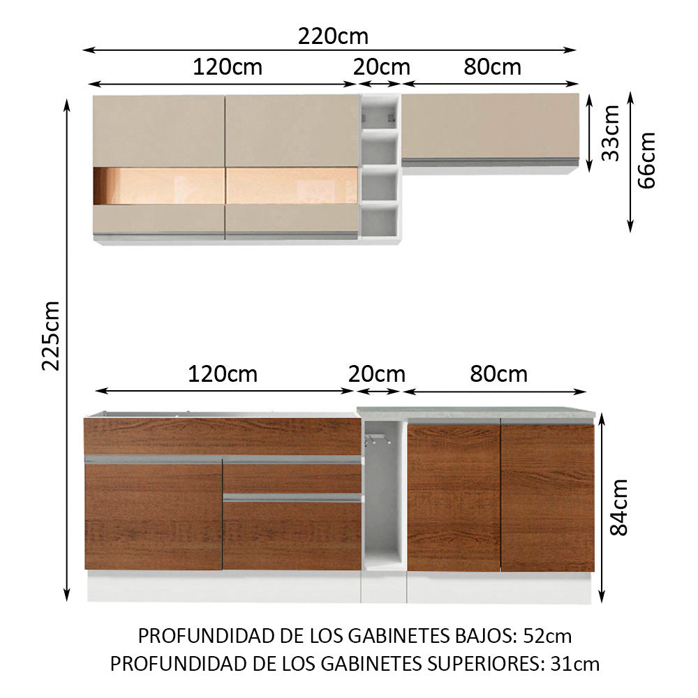 Combo completo de Cocina Compacta Madesa Glamy 220cm Marrón/Crema 02