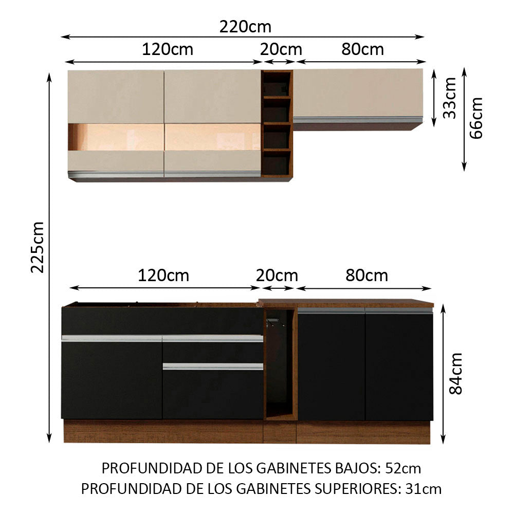 Combo completo de Cocina Madesa Glamy 220cm Marrón/Negro/Crema 02