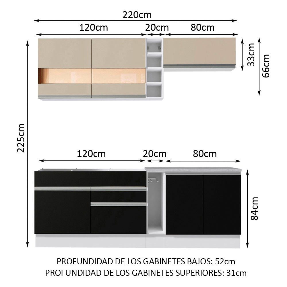 Combo completo de Cocina Compacta Madesa Glamy 220cm Blanco/Negro/Crema 02