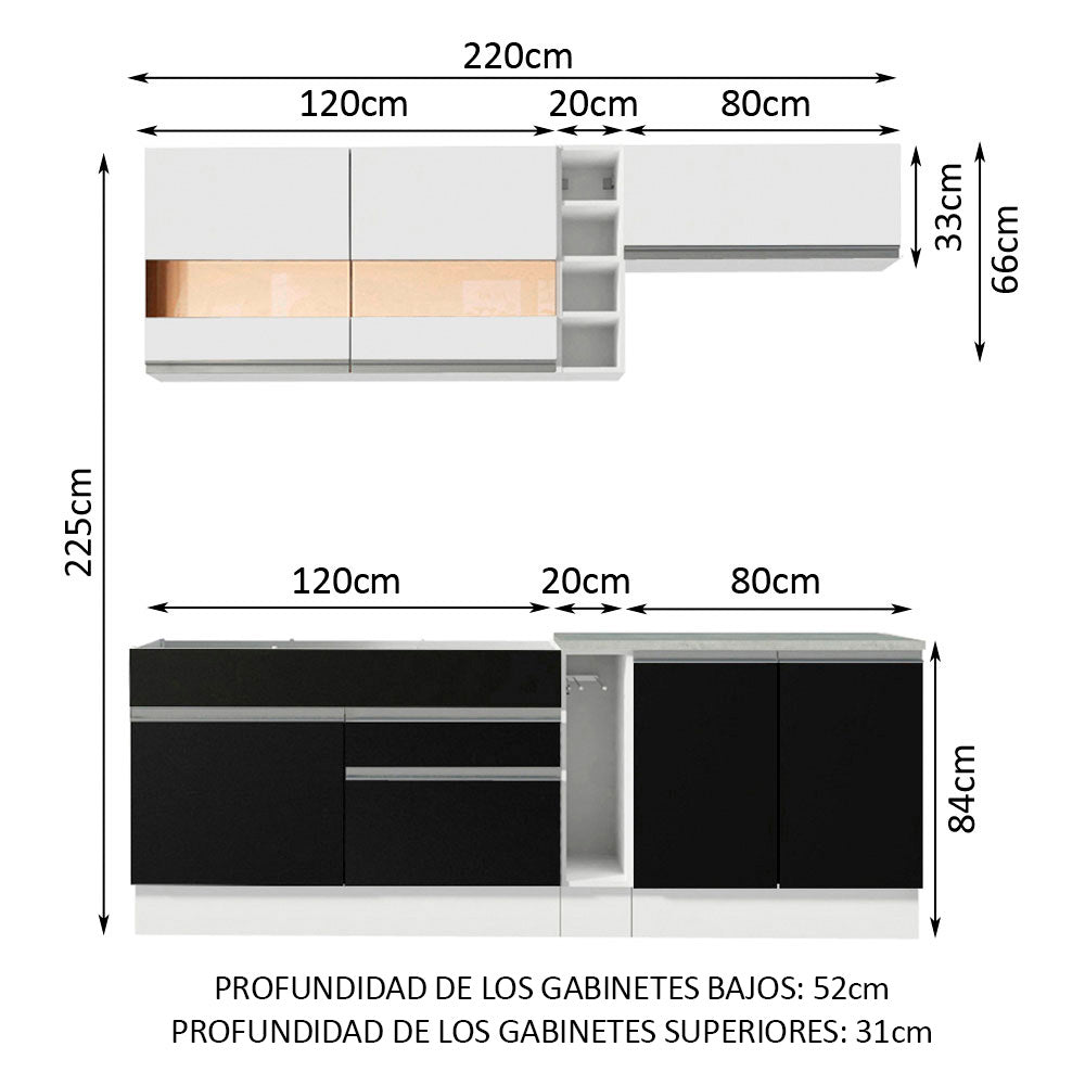 Combo completo de Cocina Compacta Madesa Glamy 220cm Blanco/Negro/Blanco 02