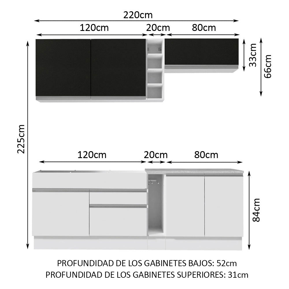 Combo completo de Cocina Madesa Glamy 220cm Blanco/Blanco/Negro 03