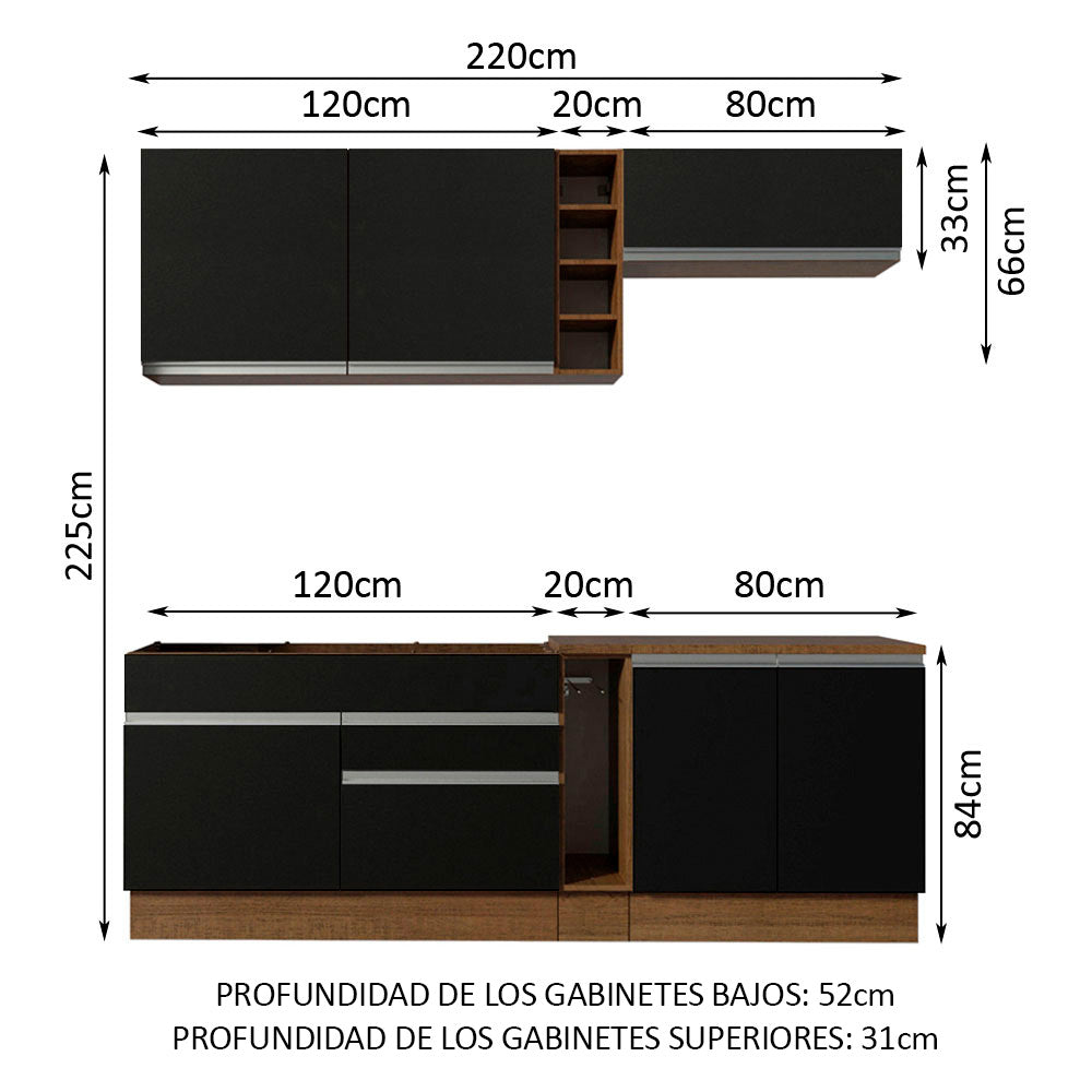 Combo completo de Cocina 220 cm 6 Puertas 2 Cajones Sin Mesada Marrón/Negro Glamy Madesa
