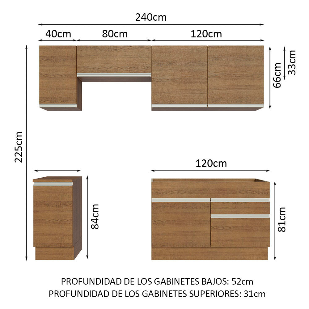 Combo completo de Cocina 240 cm 6 Puertas 2 Cajones Sin Mesada Marrón Glamy Madesa 07