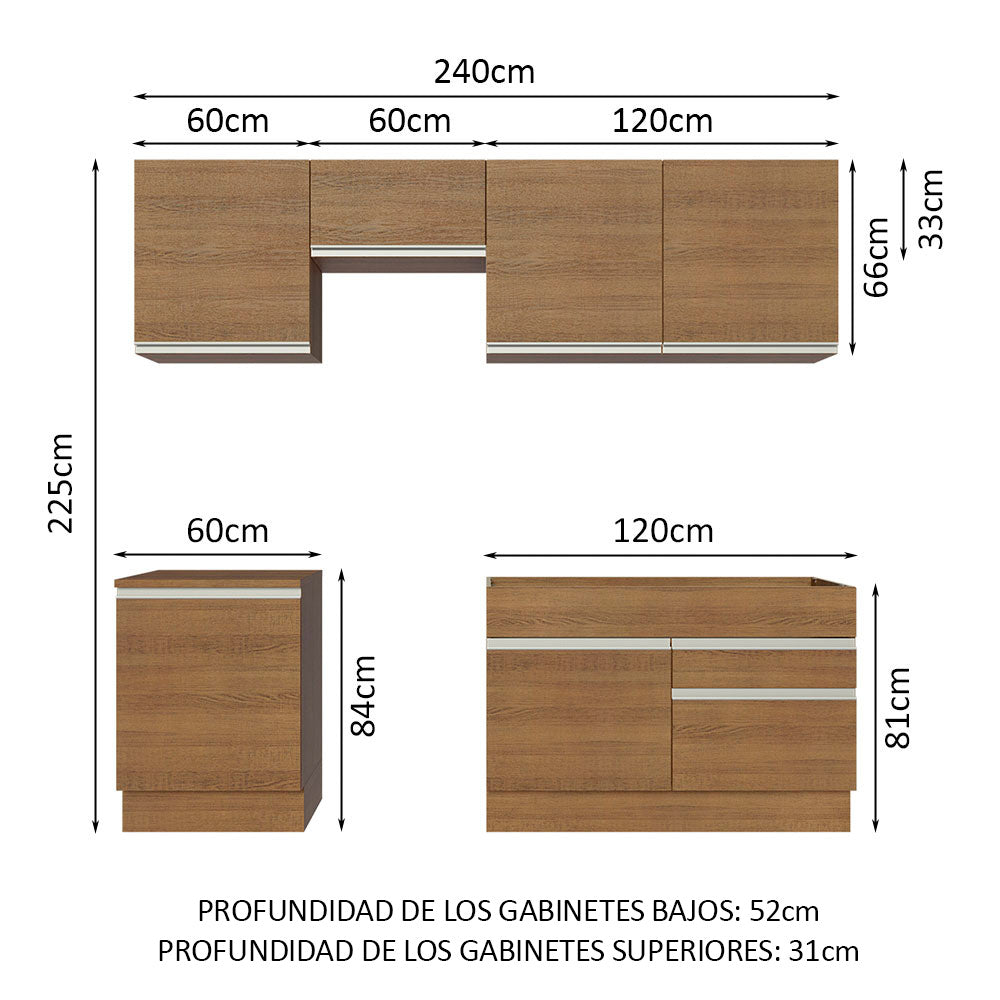 Combo completo de Cocina 240 cm 6 Puertas 2 Cajones Sin Mesada Marrón Glamy Madesa 08