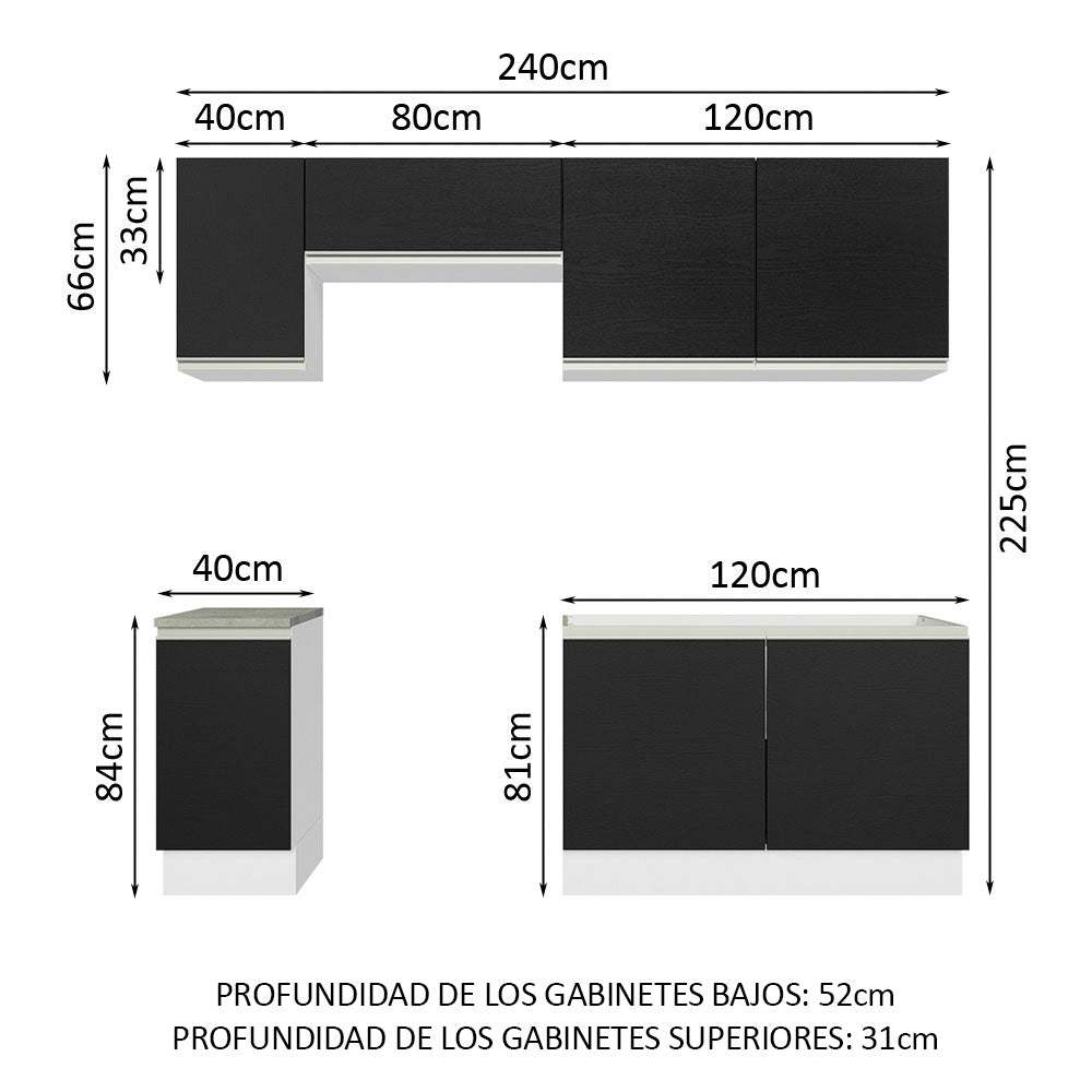 Combo completo de Cocina 240 cm 7 Puertas Sin Mesada Blanco/Negro Glamy Madesa 10