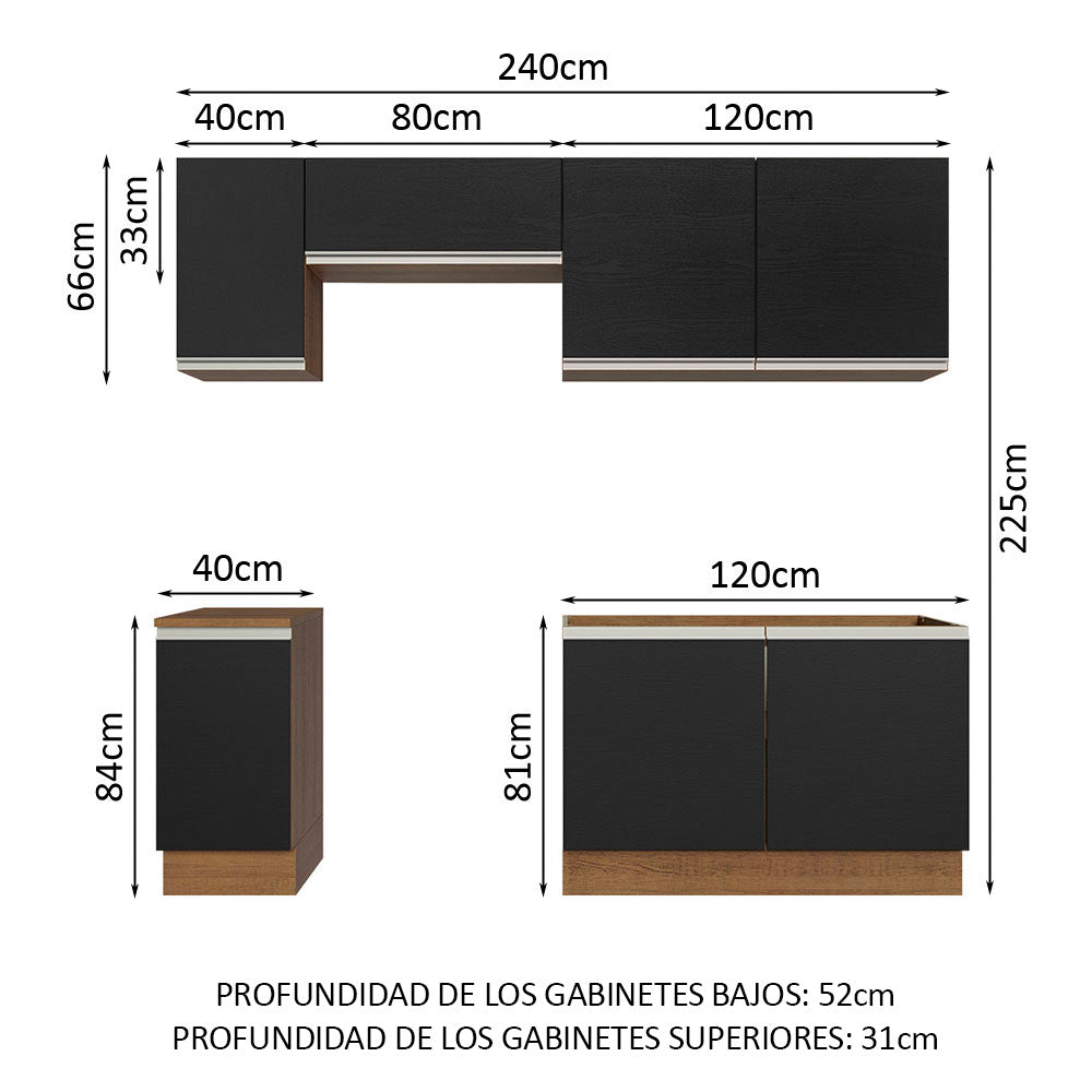 Combo completo de Cocina Glamy Madesa 240cm - Marrón/Negro