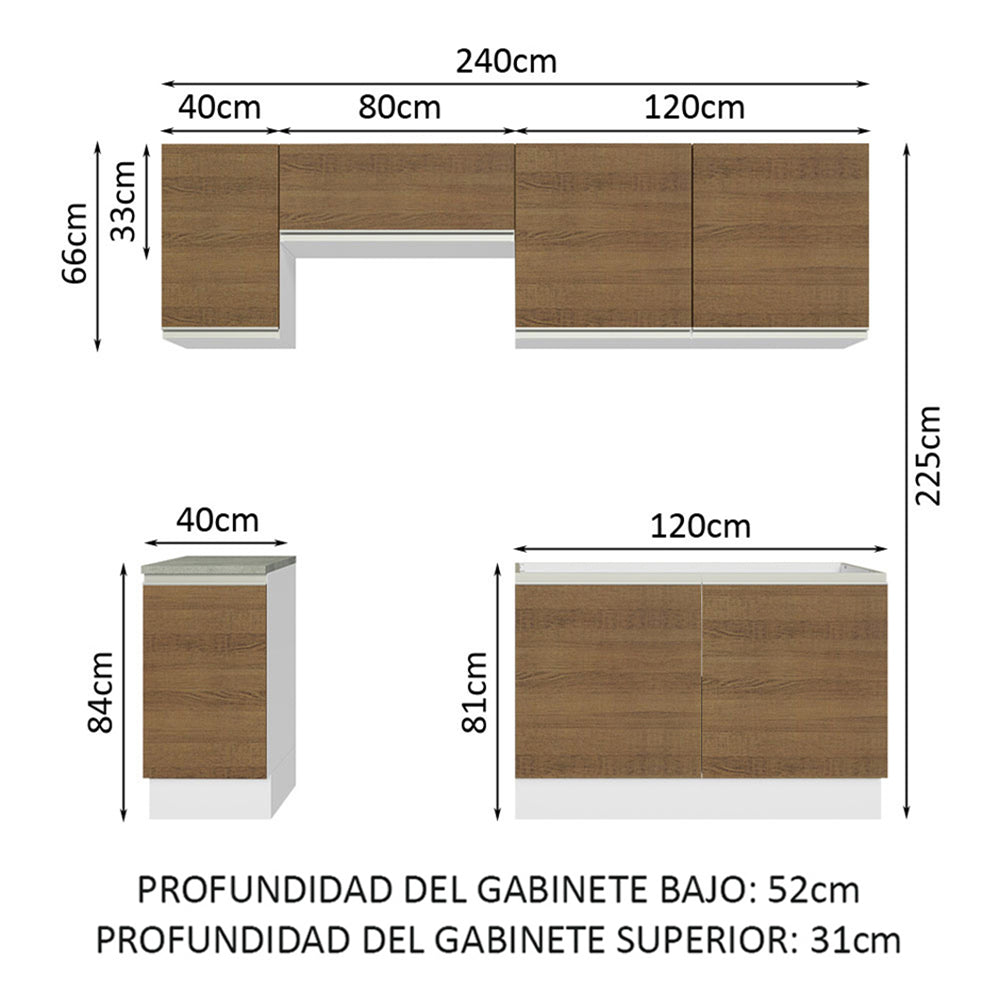 Combo completo de Cocina 240 cm 7 Puertas Sin Mesada Blanco/Marrón Glamy Madesa 10