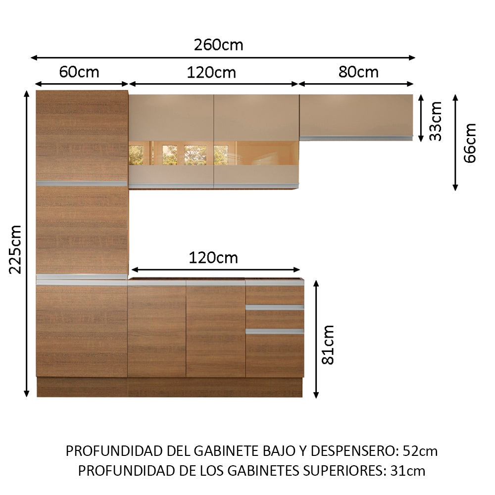 Combo completo de Cocina Madesa Glamy 260cm Marrón/Crema 02