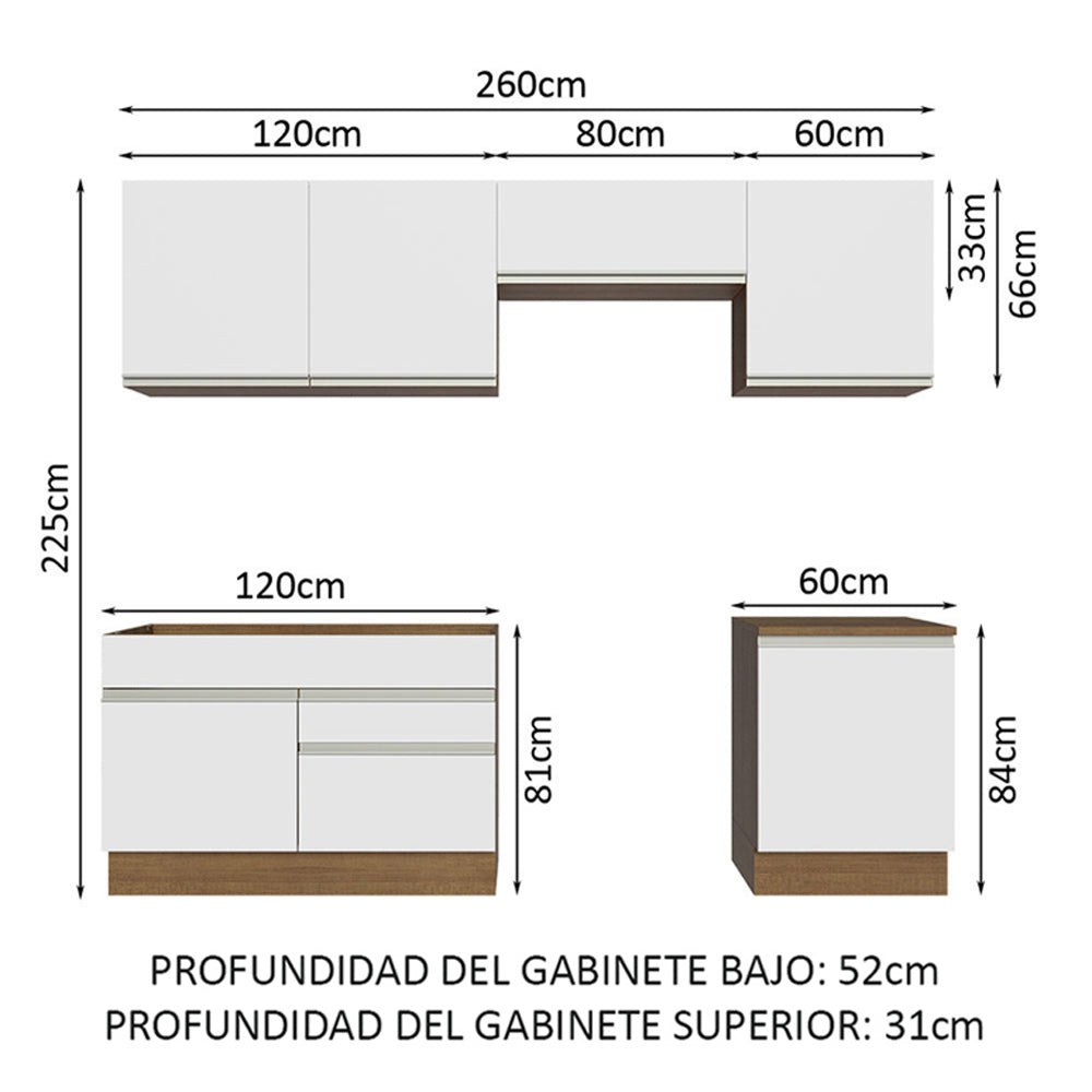 Combo completo de Cocina 260cm Marrón/Blanco Glamy Madesa 04