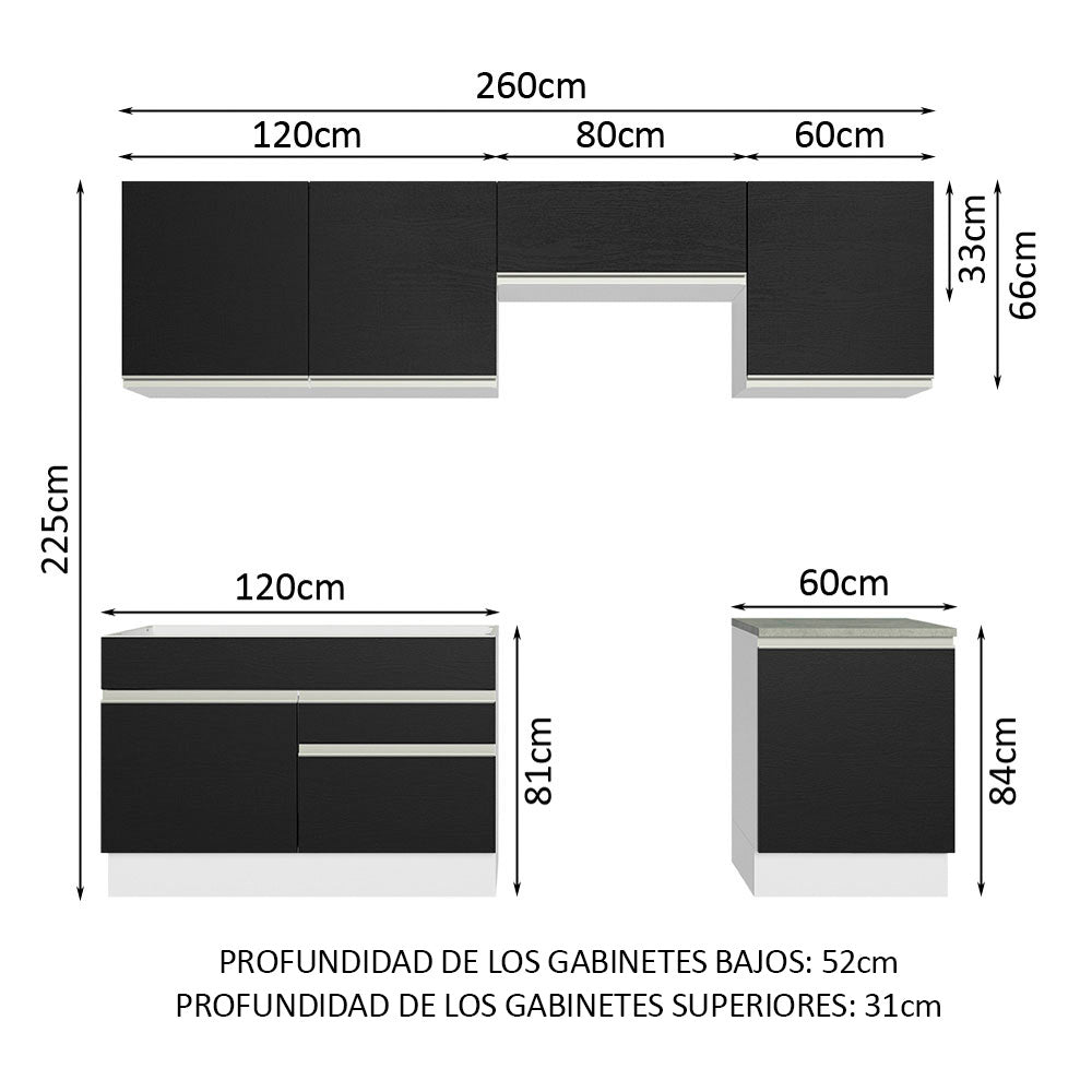 Combo completo de Cocina 260 cm 6 Puertas 2 Cajones Sin Mesada Blanco/Negro Glamy Madesa