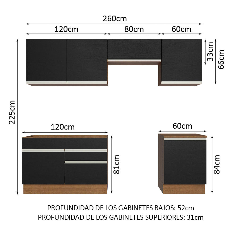 Combo completo de Cocina Glamy Madesa 260cm - Marrón/Negro