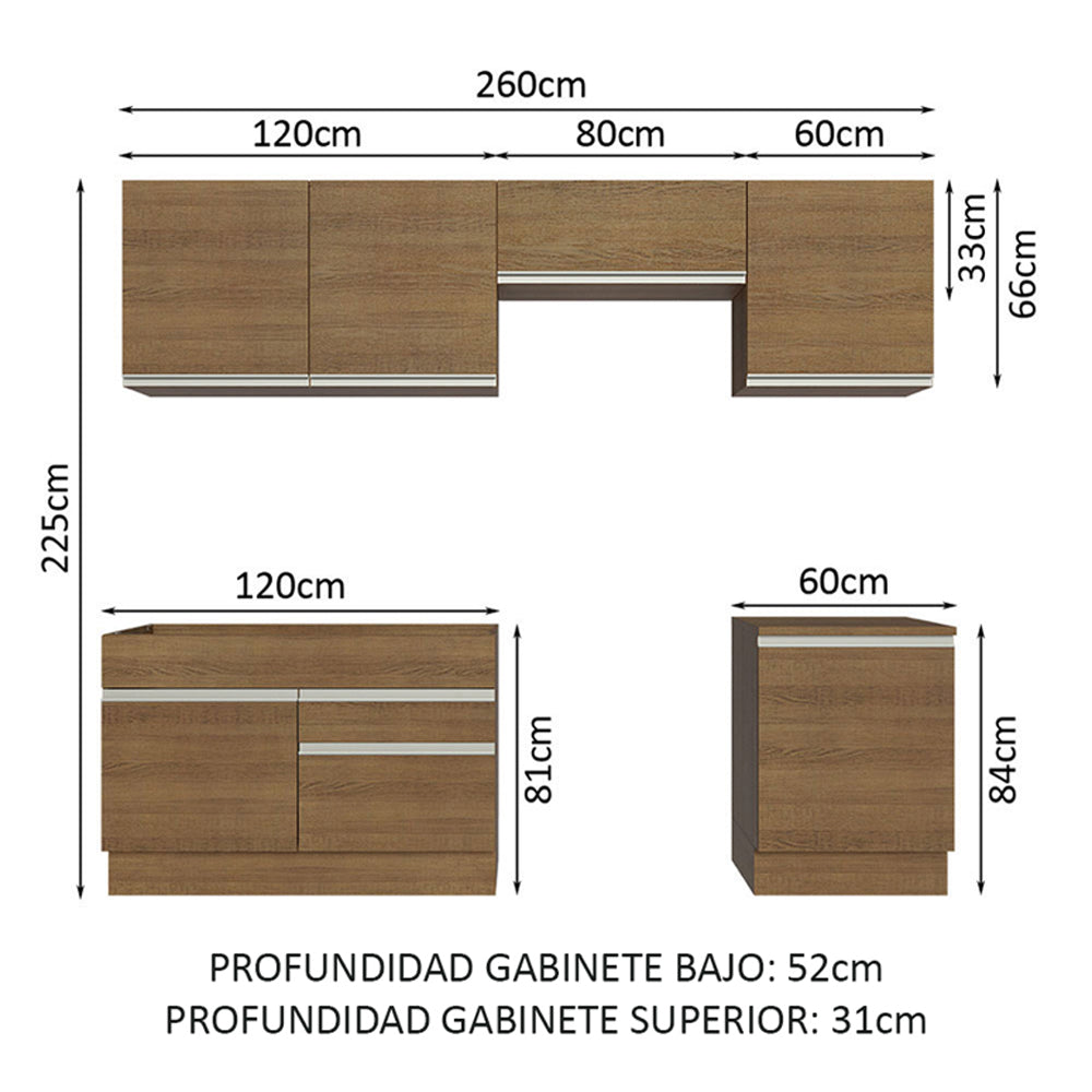 Combo completo de Cocina 260 cm 6 Puertas 2 Cajones Sin Mesada Marrón Glamy Madesa 05