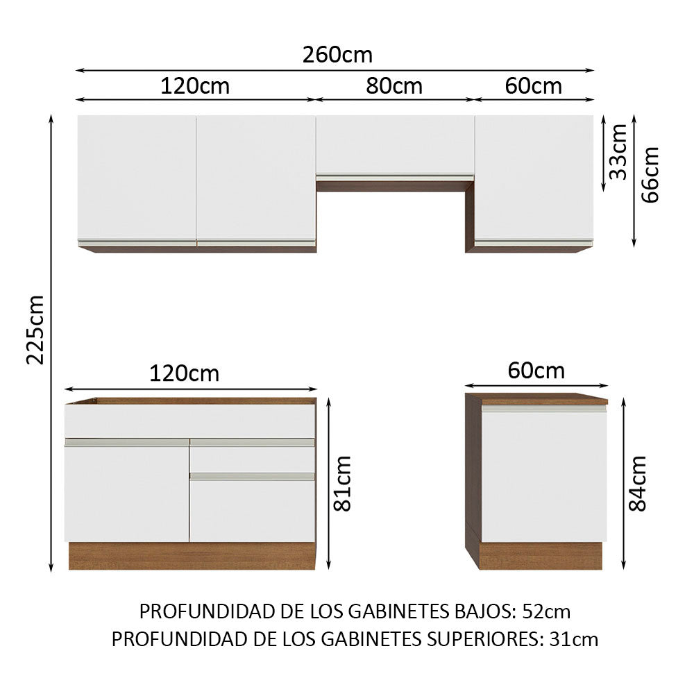 Combo completo de Cocina 260 cm 6 Puertas 2 Cajones Sin Mesada Marrón/Blanco Glamy Madesa 05