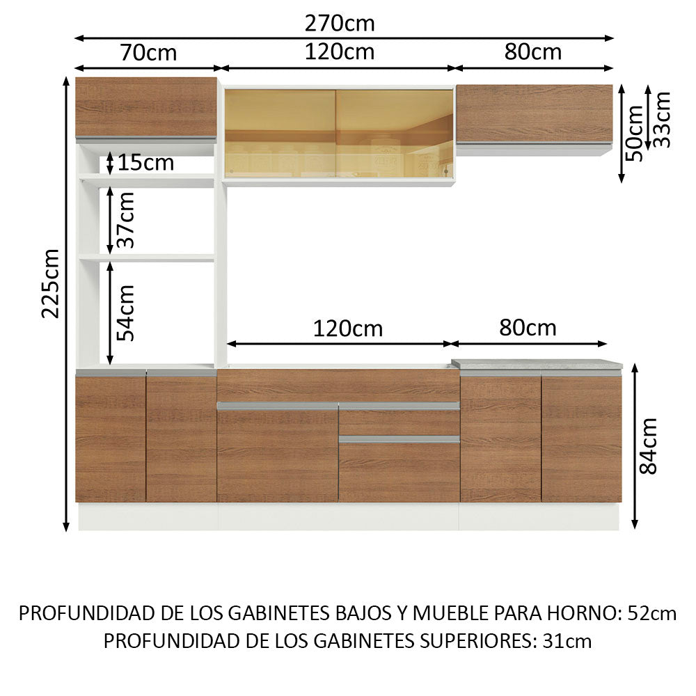Combo completo de Cocina 270 cm 9 Puertas 2 Cajones Sin Mesada Blanco/Marrón Glamy Madesa 10