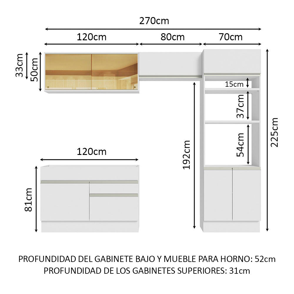 Combo completo de Cocina 270 cm 7 Puertas 2 Cajones Sin Mesada Blanco Glamy Madesa