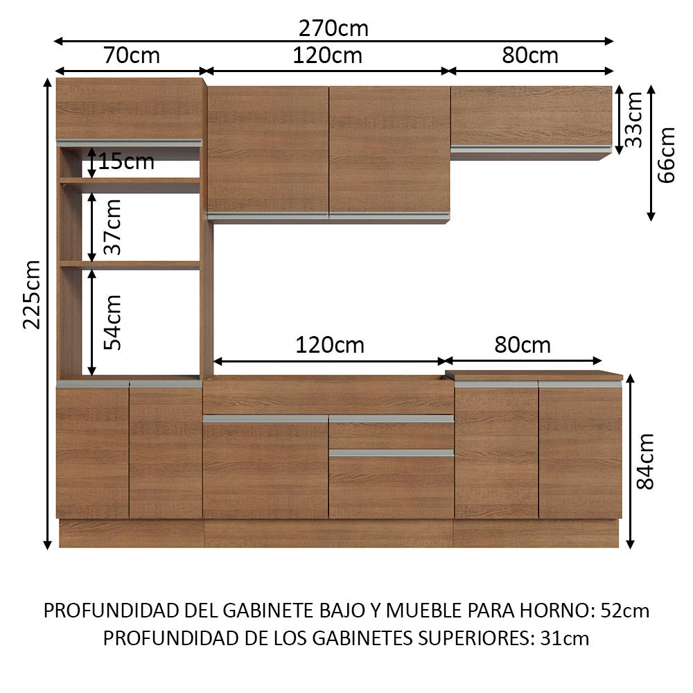 Combo completo de Cocina 270 cm 9 Puertas 2 Cajones Sin Mesada Marrón Glamy Madesa 13