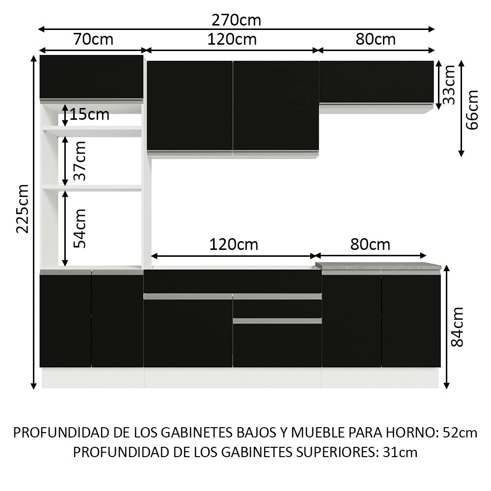 Combo completo de Cocina 270 cm 9 Puertas 2 Cajones Sin Mesada Blanco/Negro Glamy Madesa 13