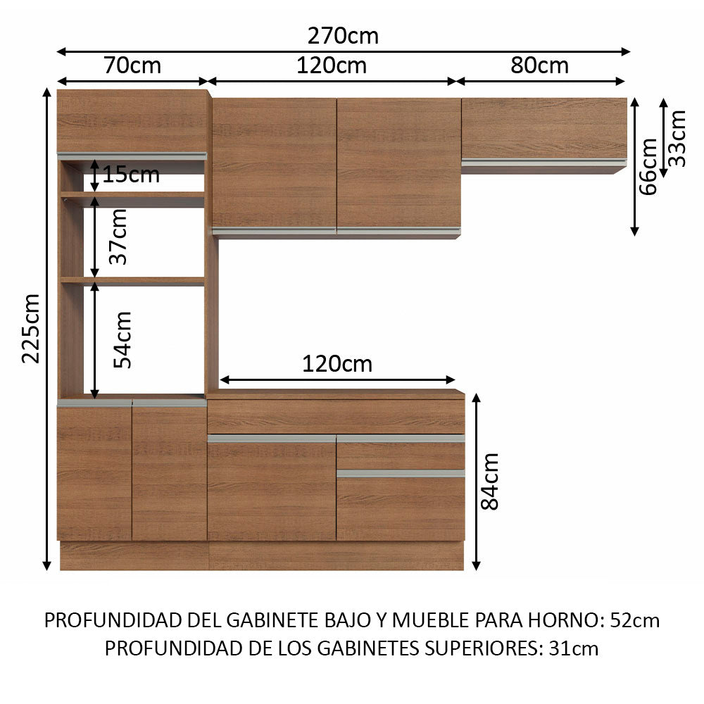 Combo completo de Cocina 270 cm 7 Puertas 2 Cajones Marrón Glamy Madesa