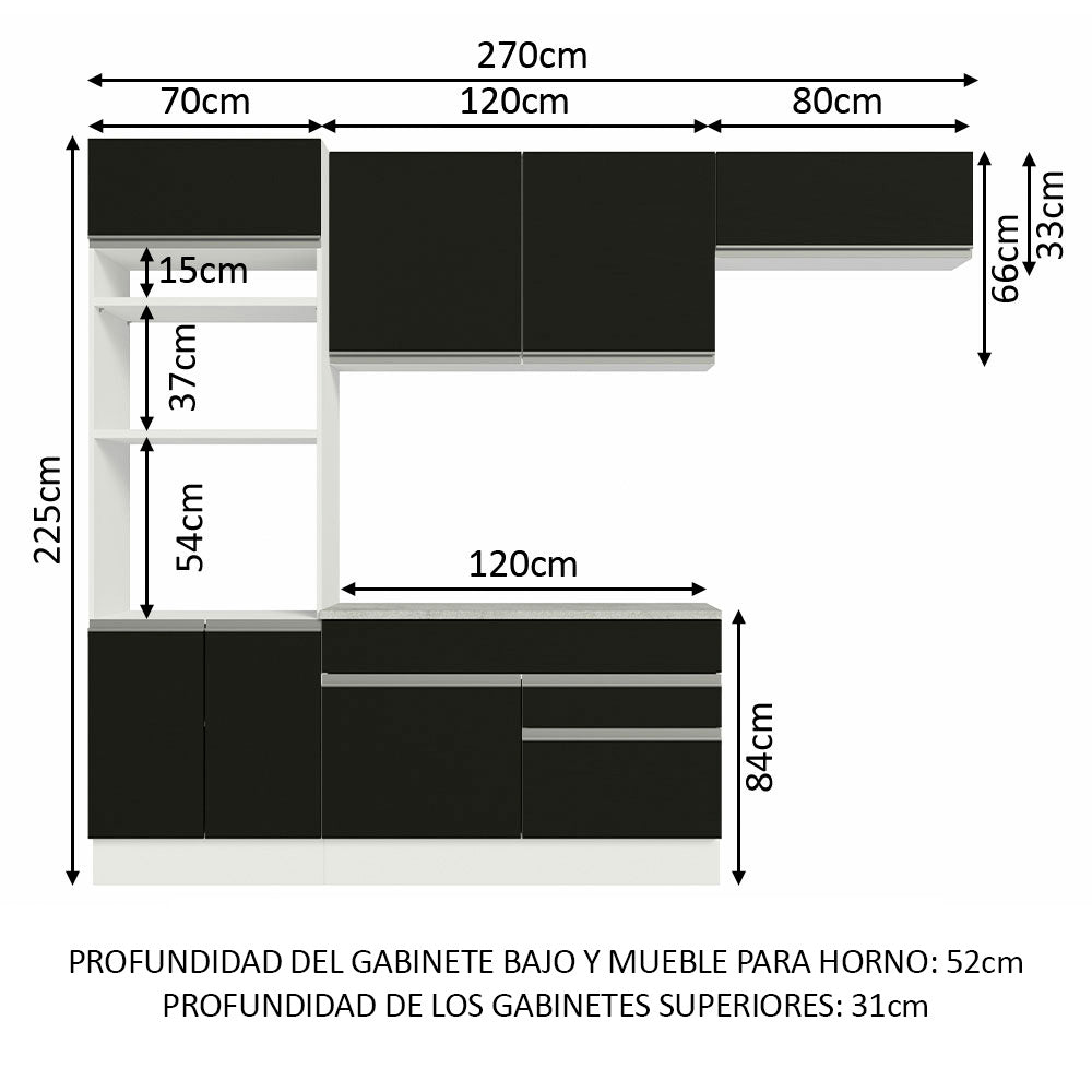 Combo completo de Cocina 270 cm 7 Puertas 2 Cajones Blanco/Negro Glamy Madesa