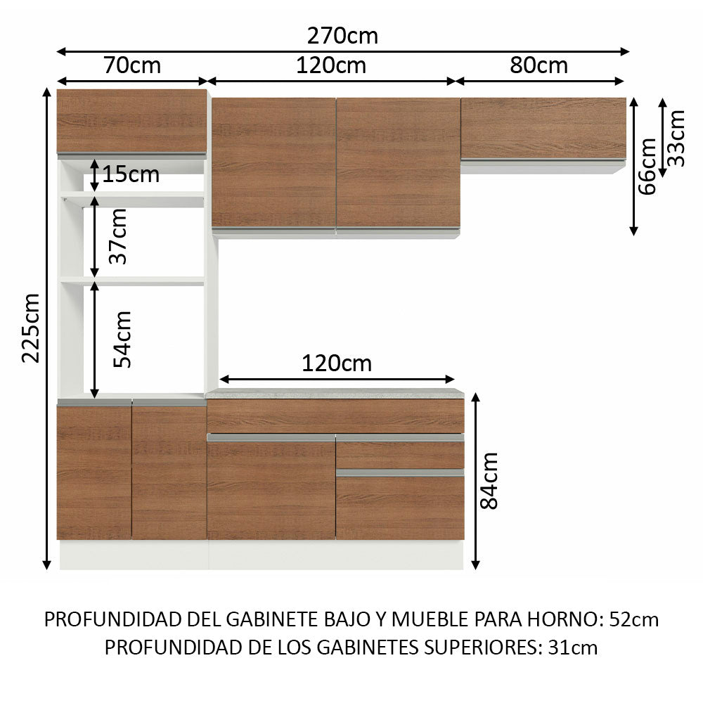 Combo completo de Cocina 270 cm 7 Puertas 2 Cajones Blanco/Marrón Glamy Madesa