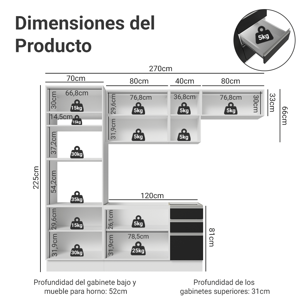Combo completo de Cocina 270 cm Blanco/Negro Glamy Madesa