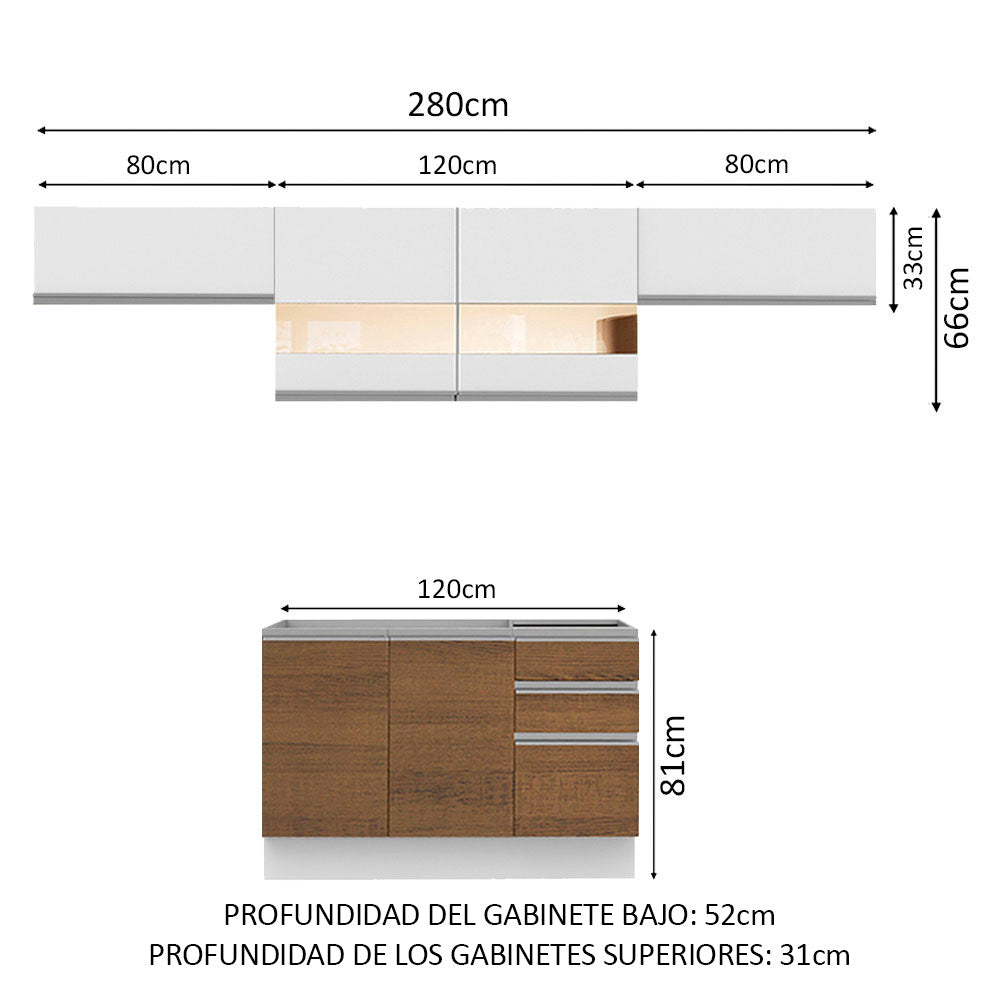 Combo completo de Cocina 280cm Marina Madesa 01 - Blanco/Marrón