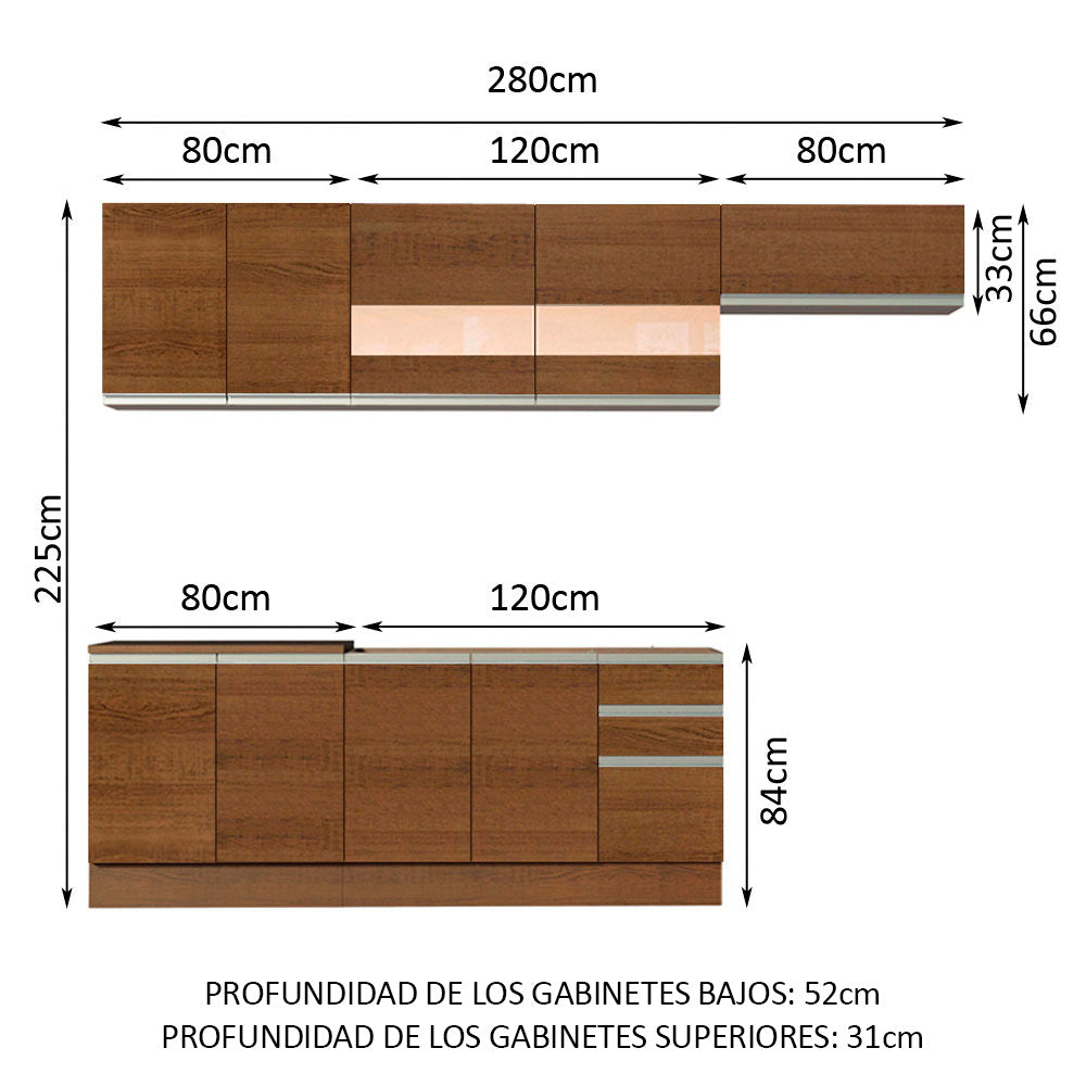 Combo completo de Cocina 280 cm 9 Puertas 3 Cajones Sin Mesada Marrón Glamy Madesa