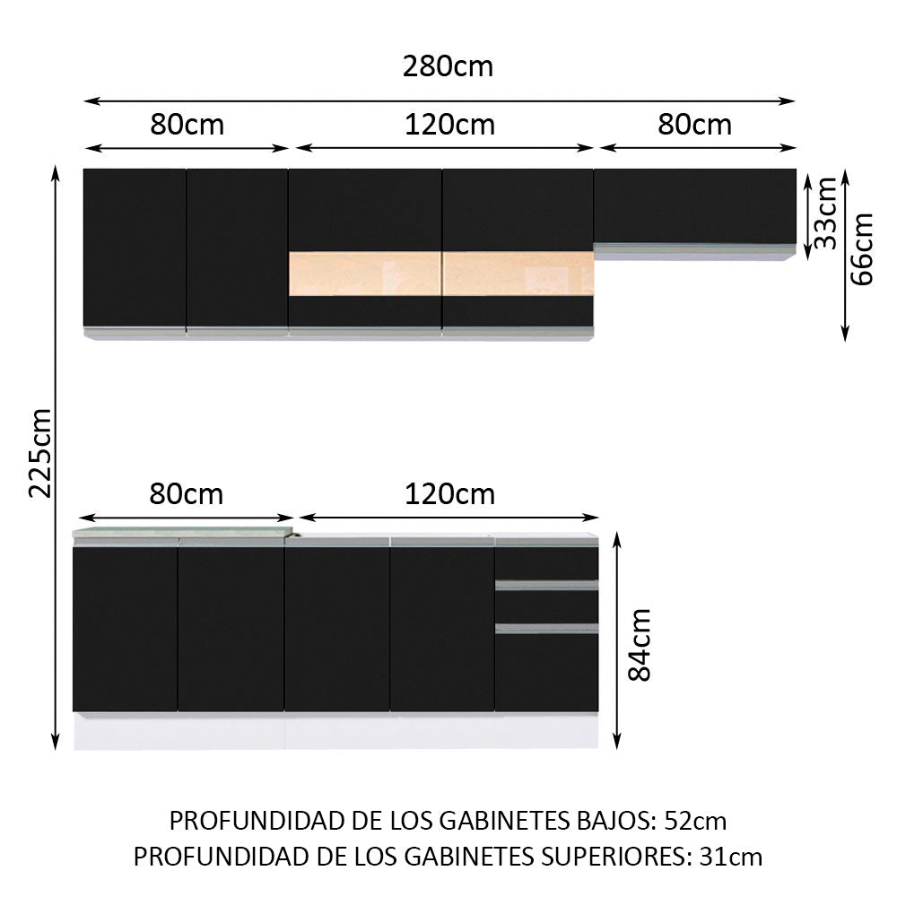 Combo completo de Cocina Madesa Glamy 280cm Blanco/Negro