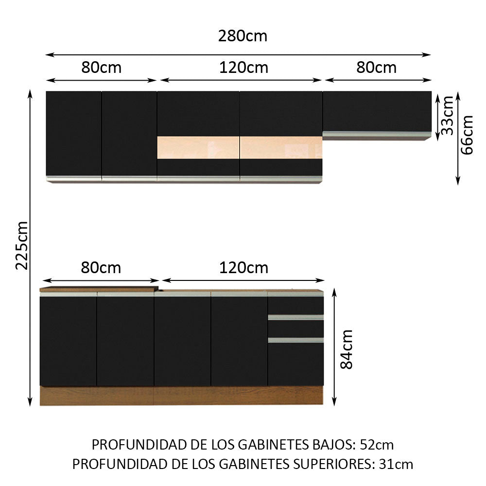 Combo completo de Cocina Madesa Glamy 280cm Marrón/Negro