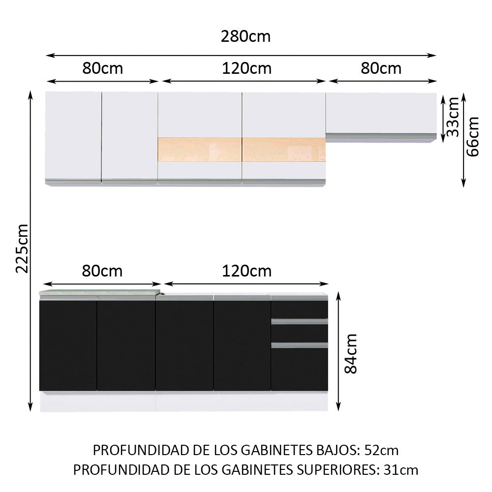 Combo completo de Cocina Madesa Glamy 280cm Blanco/Negro/Blanco