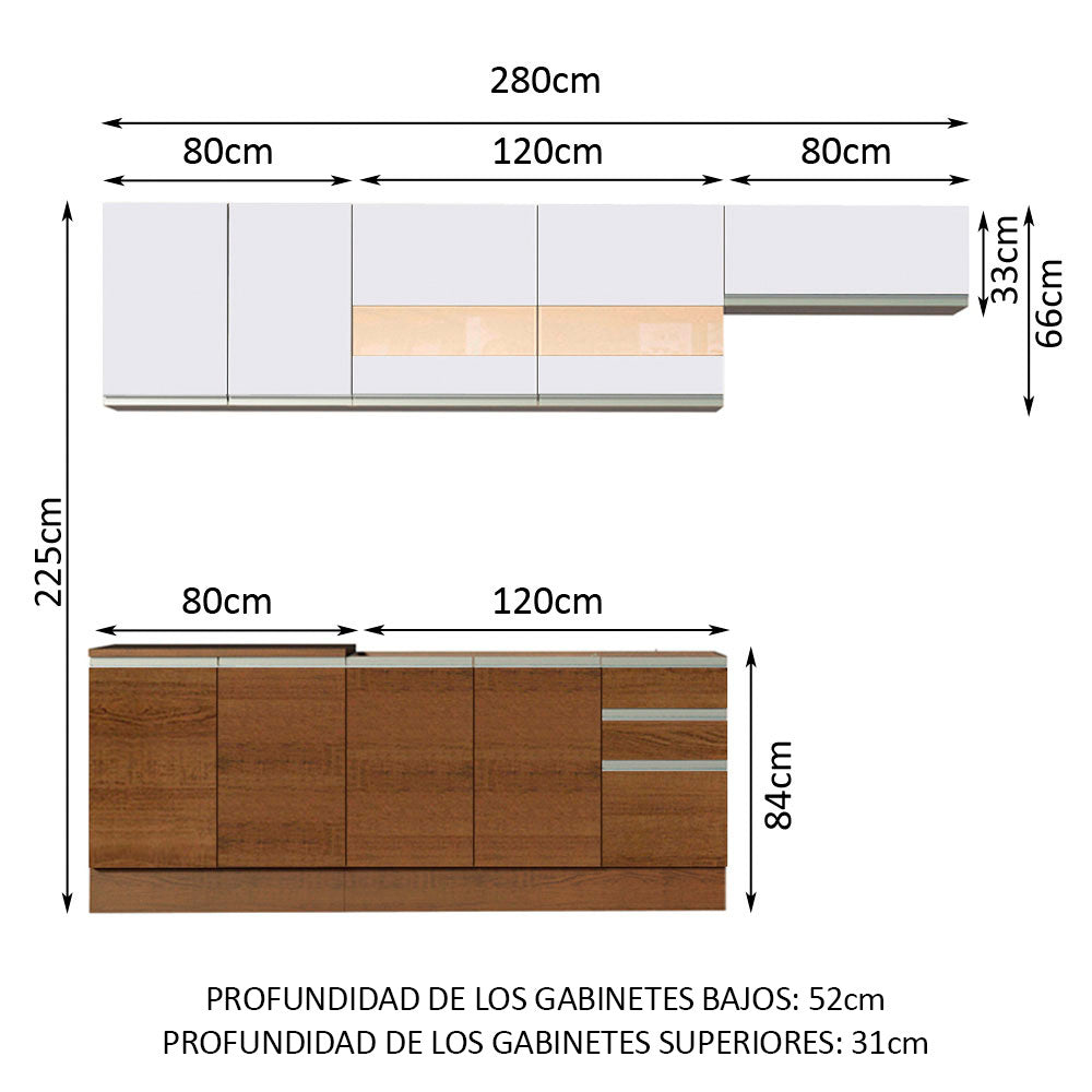 Combo completo de Cocina 280 cm 9 Puertas 3 Cajones Sin Mesada Marrón/Blanco Glamy Madesa 03