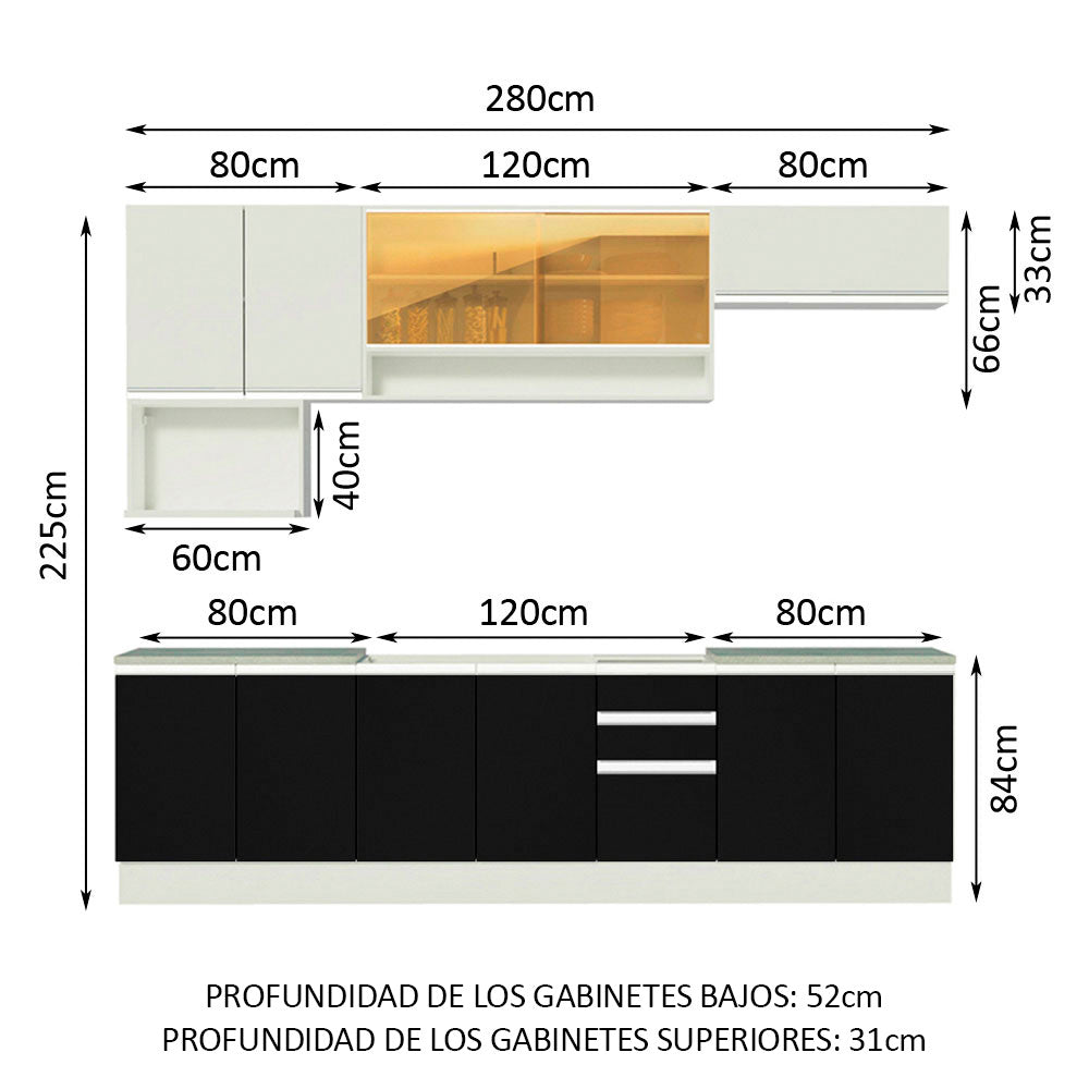 Combo completo de Cocina Madesa Glamy 280cm Blanco/Negro/Blanco